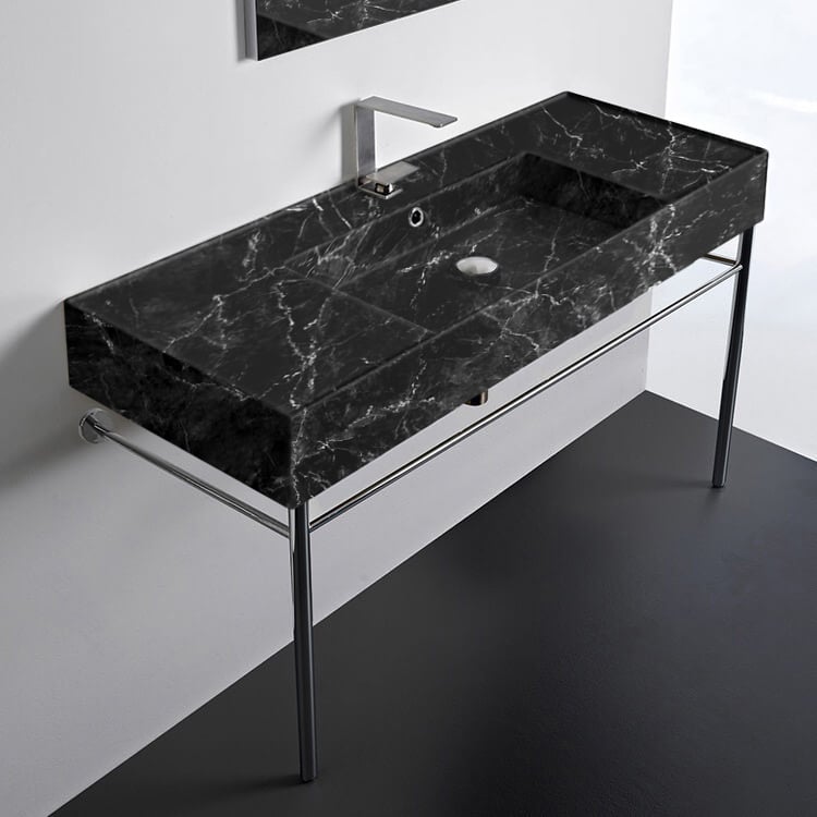 Scarabeo 5125-G-CON Modern Black Marble Design Console Sink and Polished Chrome Base, 48 Inch